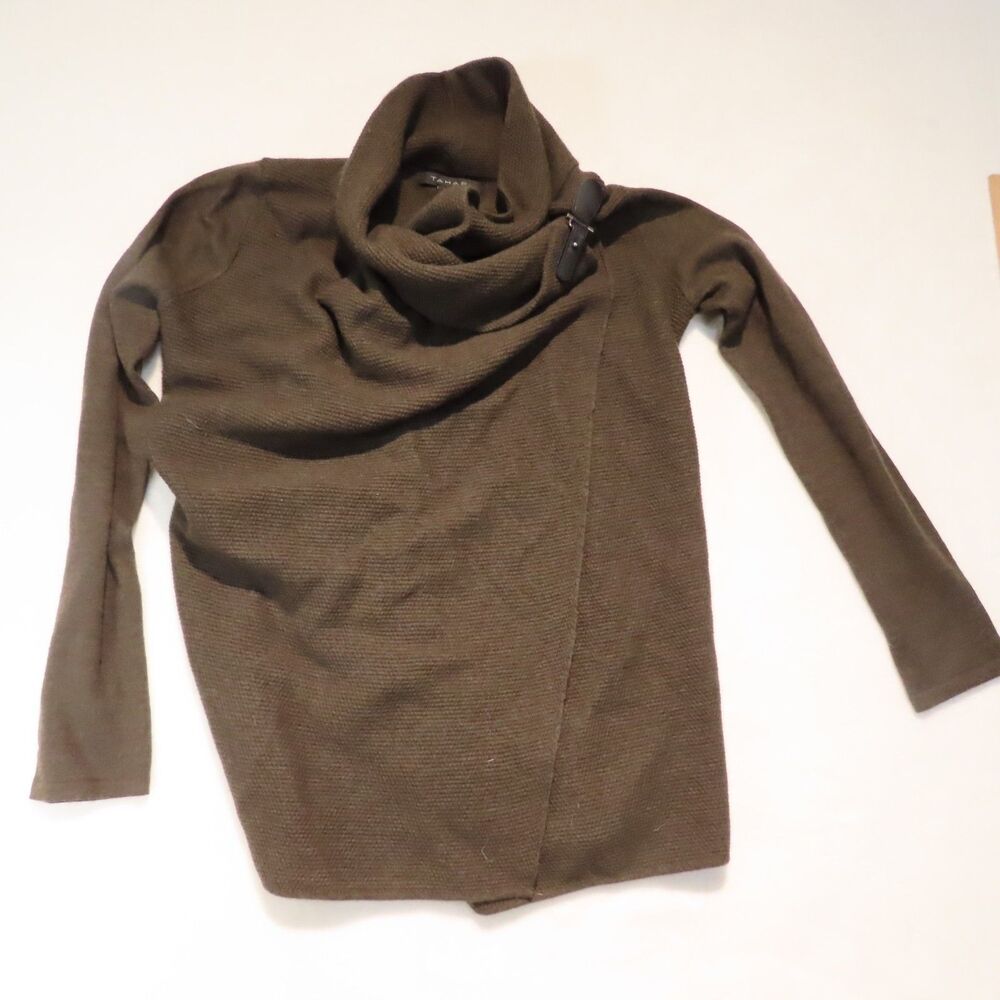 Tahari Merino Wool Blend Cowl Neck Asymmetric Buckle Wrap Sweater Small